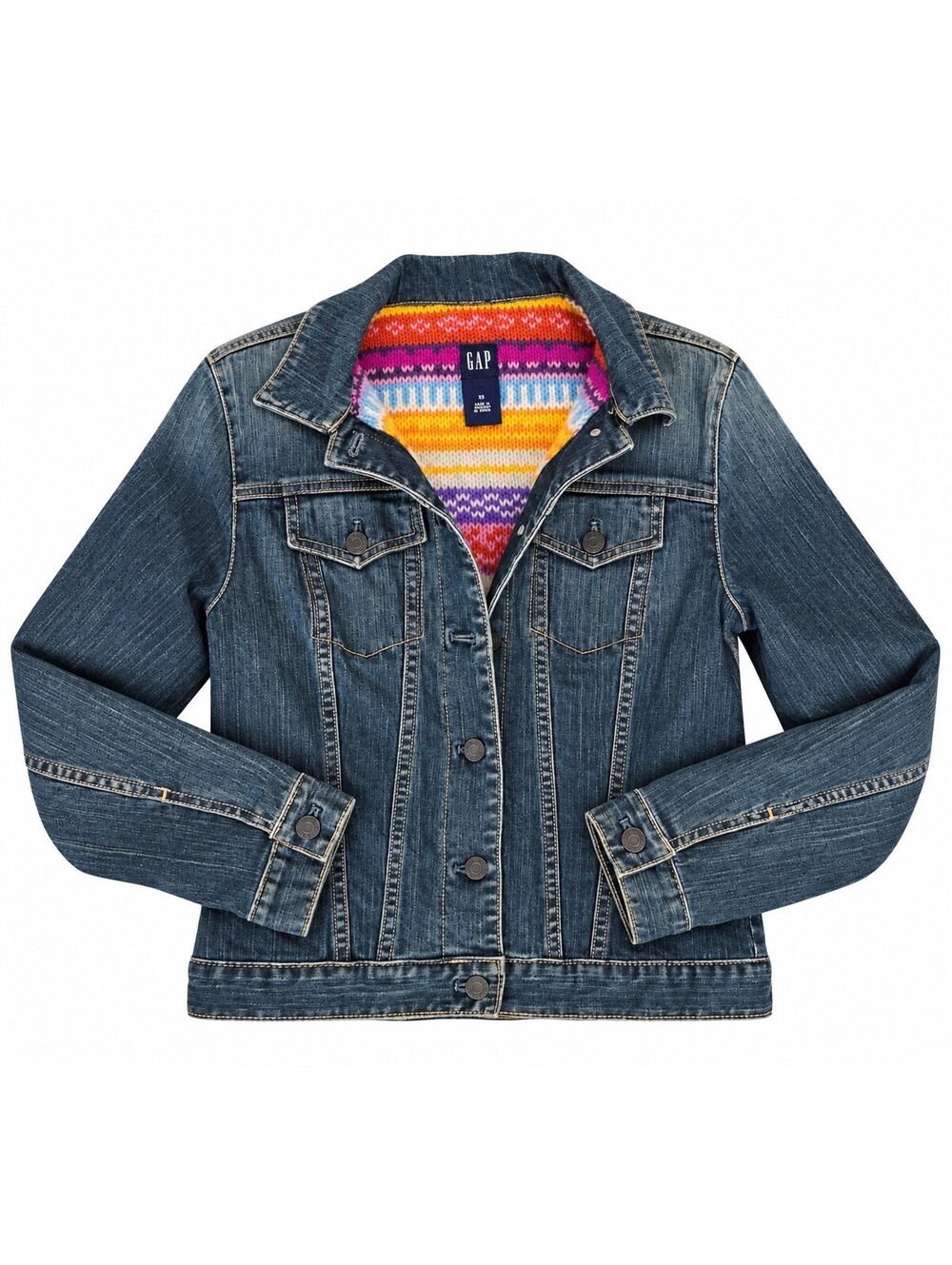 VTG Gap Denim Wool Lined Jacket Fair Isle Stripe Womens XS Y2K Rainbow Boho Cozy